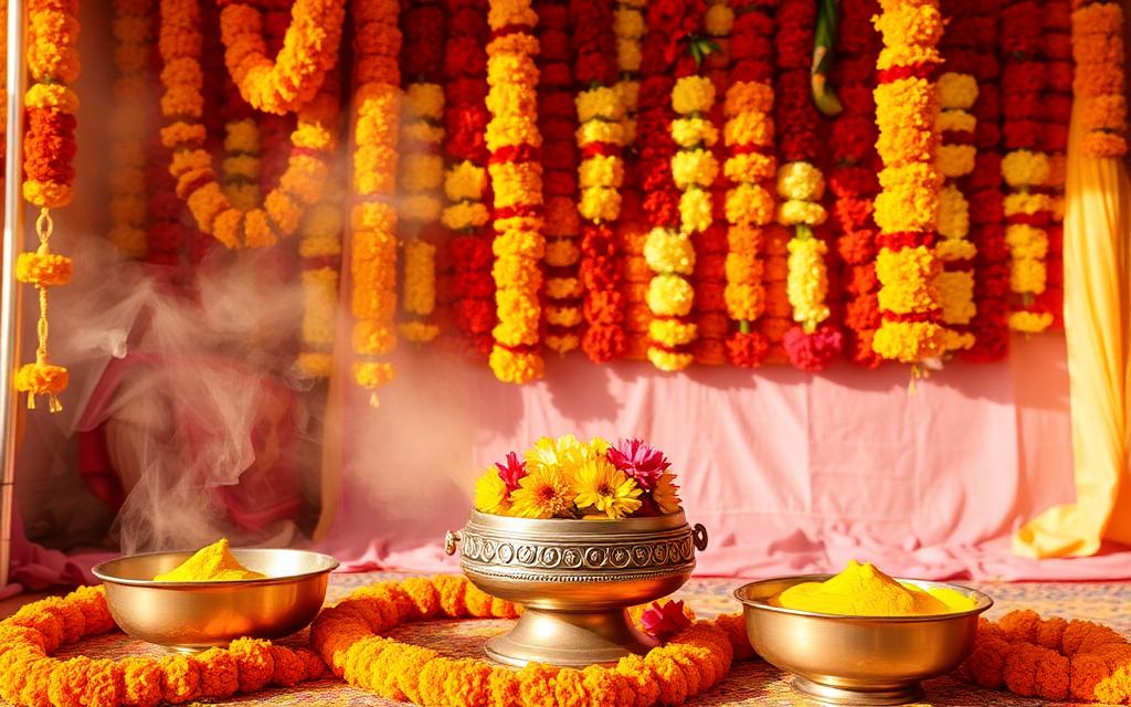 Haldi ceremony decoration with marigold garlands and turmeric bowls